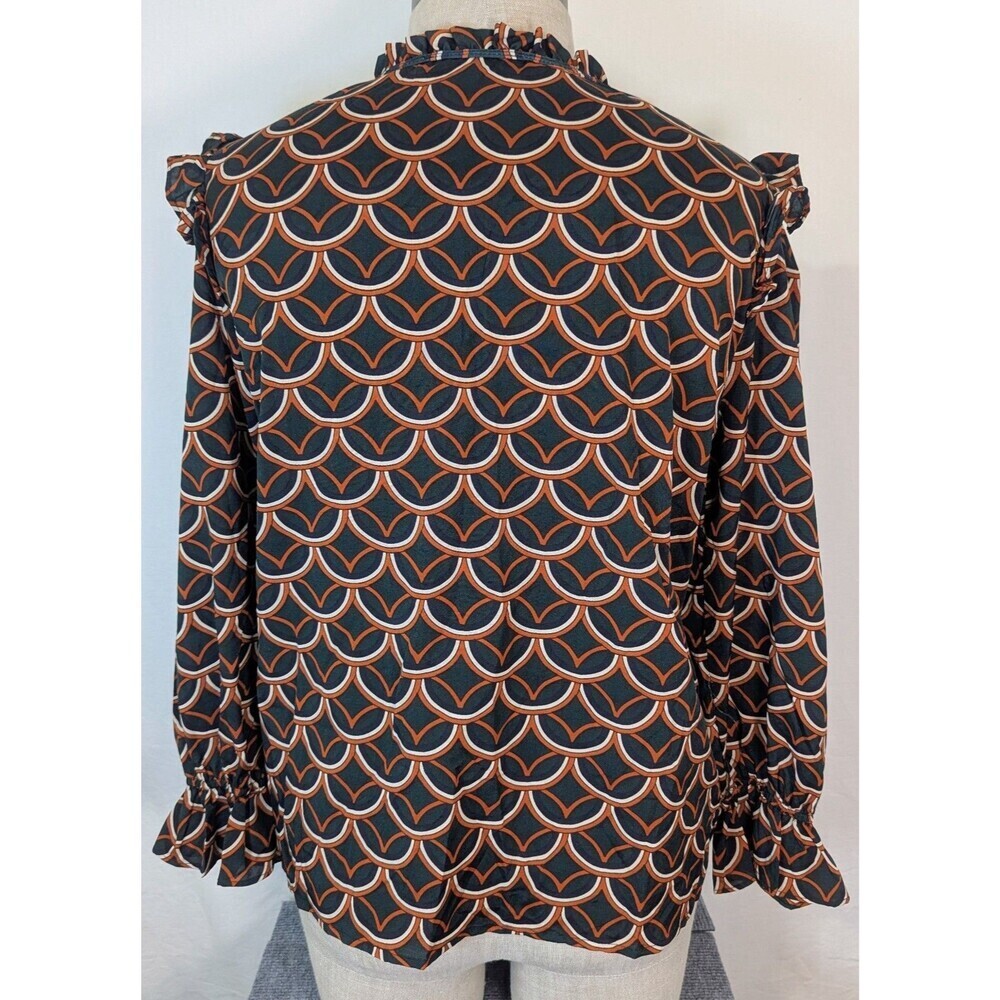 Alice Blue Scallop Print Blouse Ruffle Shoulder Button Front Tie Neck Top 1X - Picture 6 of 9